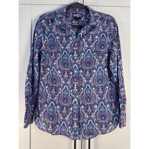 Talbots Paisley Button-Down Long Sleeve Shirt Blue Pink Metallic M